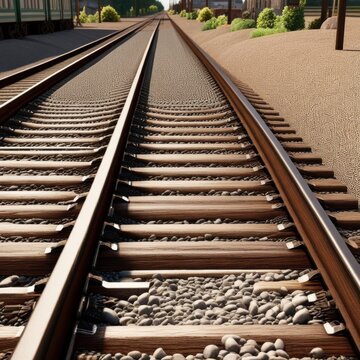 A pair of parallel train tracks stretching into the distance, with gravel ballast and wooden ties visible in the foreground.