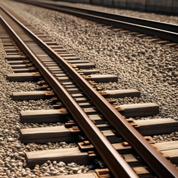 A pair of parallel train tracks stretching into the distance, with gravel ballast and wooden ties visible in the foreground.
