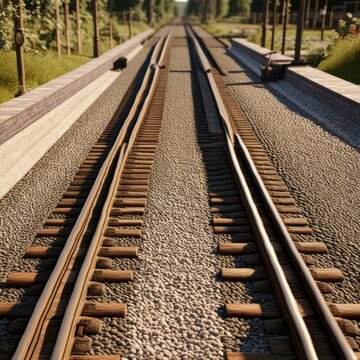 A pair of parallel train tracks stretching into the distance, with gravel ballast and wooden ties visible in the foreground.