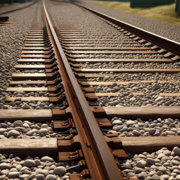 A pair of parallel train tracks stretching into the distance, with gravel ballast and wooden ties visible in the foreground.