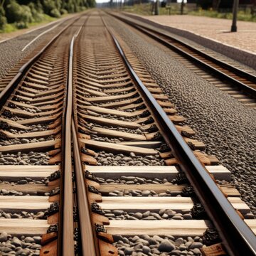 A pair of parallel train tracks stretching into the distance, with gravel ballast and wooden ties visible in the foreground.