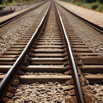 A pair of parallel train tracks stretching into the distance, with gravel ballast and wooden ties visible in the foreground.