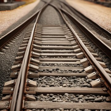 A pair of parallel train tracks stretching into the distance, with gravel ballast and wooden ties visible in the foreground.