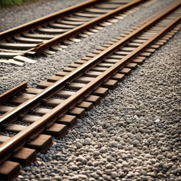 A pair of parallel train tracks stretching into the distance, with gravel ballast and wooden ties visible in the foreground.