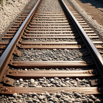 A pair of parallel train tracks stretching into the distance, with gravel ballast and wooden ties visible in the foreground.