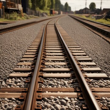 A pair of parallel train tracks stretching into the distance, with gravel ballast and wooden ties visible in the foreground.