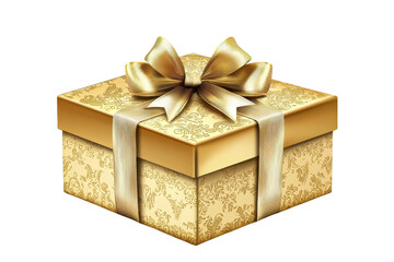 Obraz premium A beautifully wrapped gold gift box adorned with an elegant bow and intricate patterns.