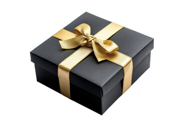 Obraz premium A black gift box adorned with a golden ribbon and bow, elegantly presented.