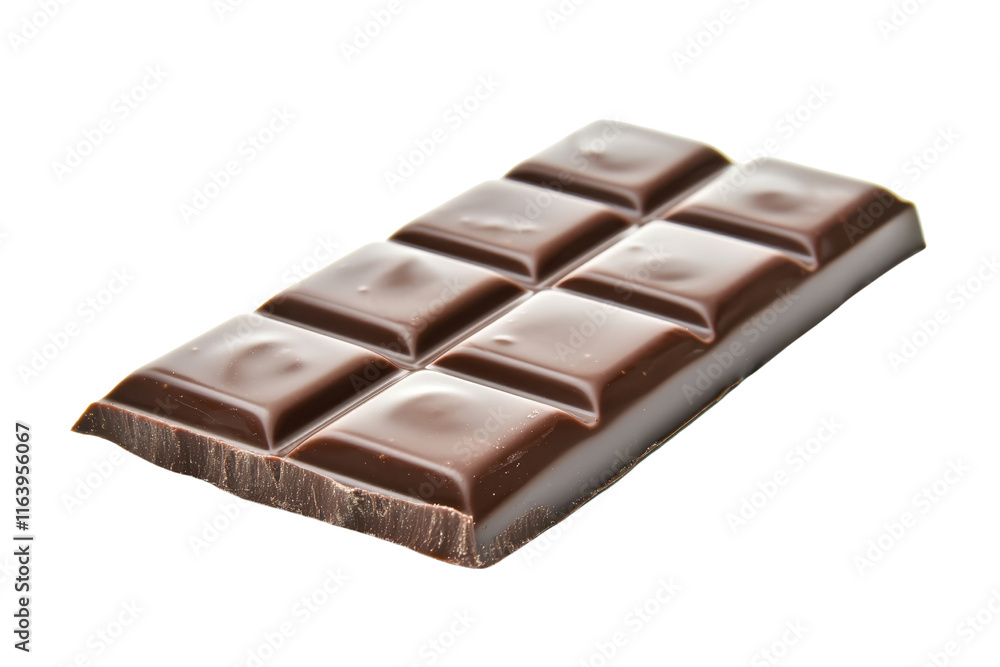 Poster a chocolate bar with segmented squares, showcasing a smooth, glossy surface and rich, dark color.
