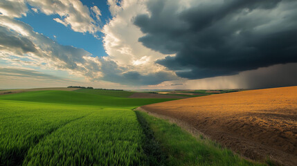 Obraz premium Kontrast zwischen stürmischem Himmel und friedlicher Landschaft im Sonnenuntergang