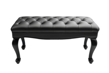 A stylish black tufted bench with elegantly curved legs.