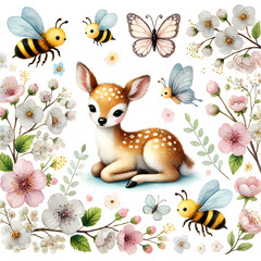 Cute deer, spring flowers, butterfly, bee, nature, greenery, freshness, tenderness, pastel colors, glade, petals, grass, animals, baby deer, spring, light, cozy, fairy tale, charm, fluffy tail