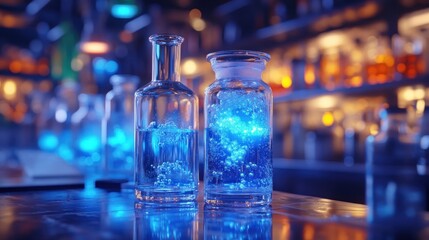 Two glass bottles with glowing blue liquid in a lab.