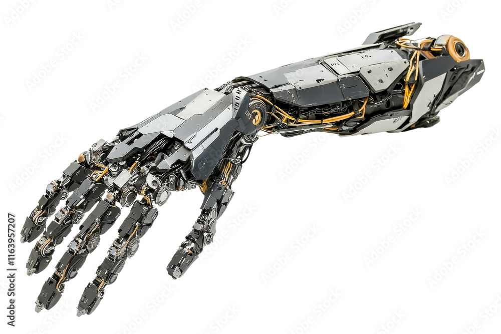 Poster a robotic hand featuring intricate mechanical components and articulated fingers, showcasing advance