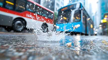 Water splashing on city street with buses in background.