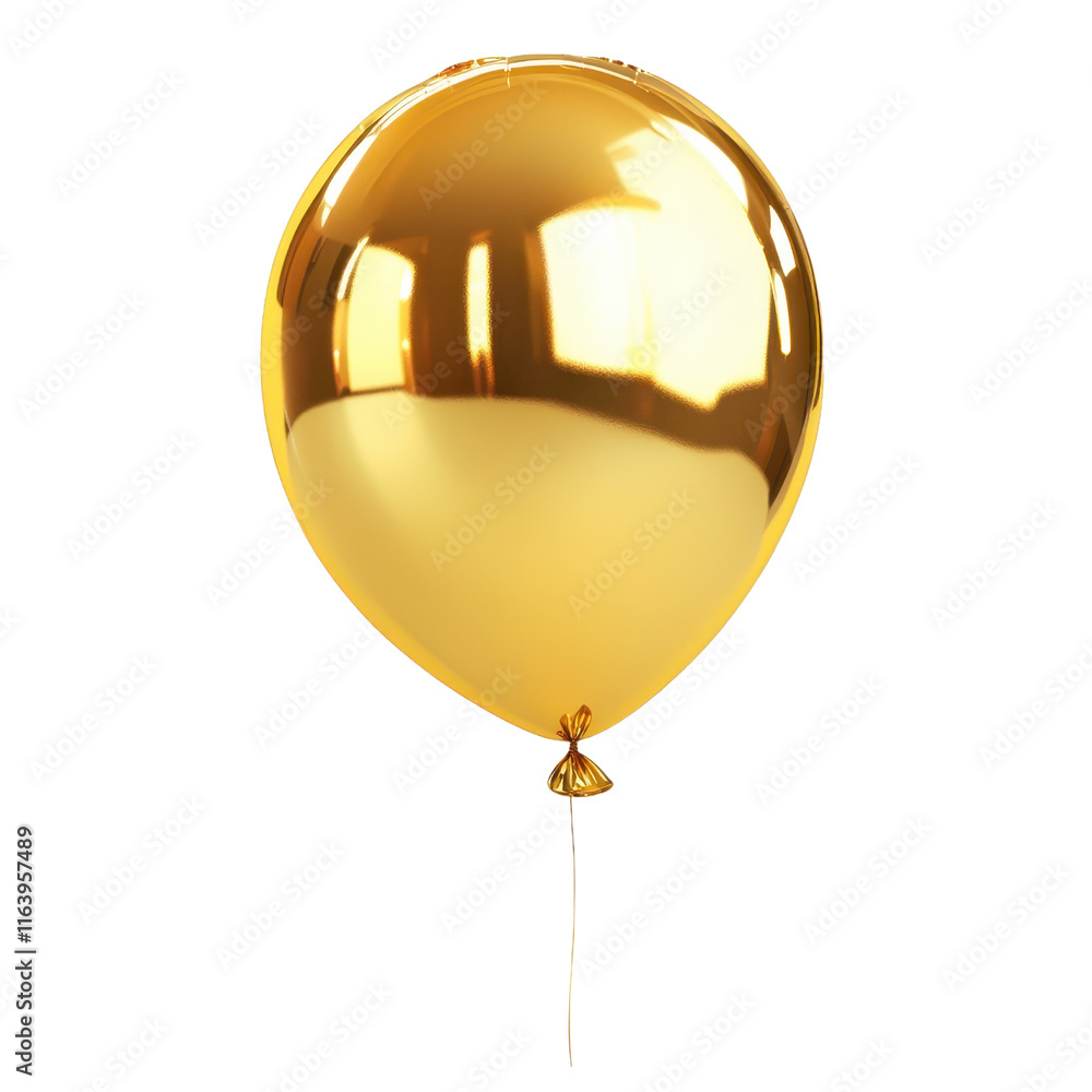 Poster a shiny golden balloon with a smooth surface and a string attached.