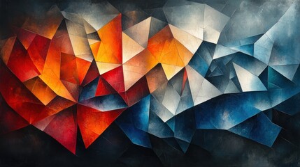 Abstract polygonal painting, fiery red meets cool blue.