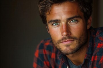 Fototapeta premium close-up portrait of a young man with striking green eyes, dressed in a plaid shirt. his engaging expression conveys warmth and confidence, set against a neutral background