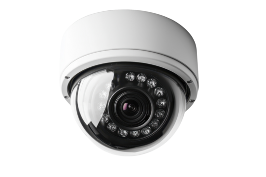 A dome security camera with an array of infrared LEDs for enhanced visibility.