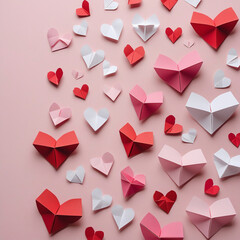 Colorful Origami Hearts Decorated on a Pink Background