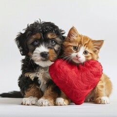 Adorable Dog and Cat with Heart-Shaped Pillow for Love and Friendship Day Photo.
