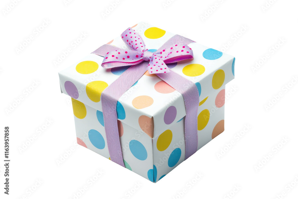 Poster a colorful gift box wrapped with a patterned ribbon and bow, adorned with polka dots in various colo