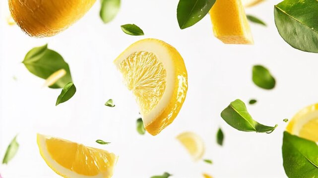 horizontal video with flying pieces of lemon and mint.