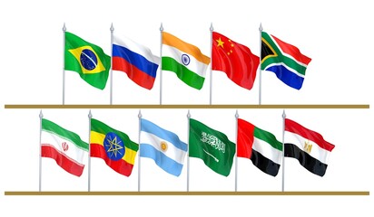 Flags of the BRICS countries. BRICS Organization. It includes Brazil, Russia, India, China, South Africa, Argentina, Egypt, Ethiopia, Iran, Saudi Arabia, and the United Arab Emirates. BRICS+.