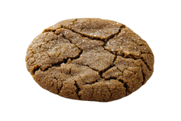 A close-up of a textured cookie featuring cracks and a shiny, sugary surface, highlighting its baked goodness.