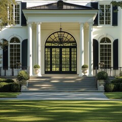 Grand colonial mansion entrance with arched doorway and manicured lawn