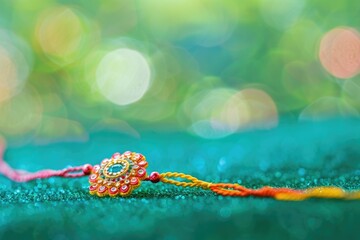 Naklejka premium Happy Rakshabandhan with traditional Indian wrist band which is a symbol of love between siblings on blurred green background.