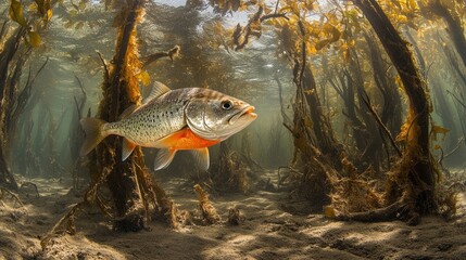 Underwater kelp forest with fish.