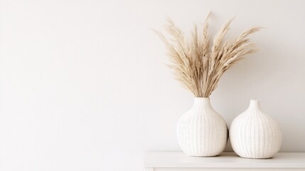 Elegant Minimalist Decor with White Vases and Dried Pampas Grass on a Light Background