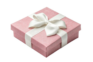 Obraz premium A beautifully wrapped pink gift box adorned with a delicate white ribbon and bow, perfect for celebrations and special occasions.