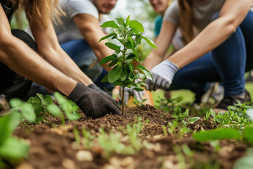 Fototapeta premium Gemeinsames Pflanzen eines Baumes als Zeichen von Gemeinschaft und Nachhaltigkeit