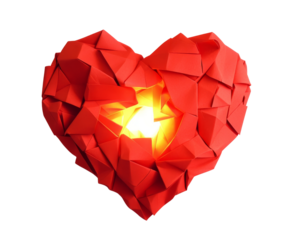vibrant red origami heart sculpture radiates warm light from within, symbolizing love and creativity. This artistic piece captures essence of affection and artistry beautifully