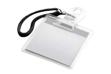 A square badge holder with a strap, designed to display identification cards securely.