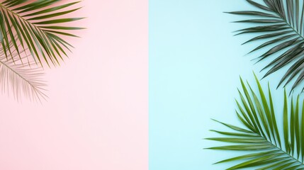 Tropical Green Palm Leaves on Light Pink and Blue Background for Creative Design