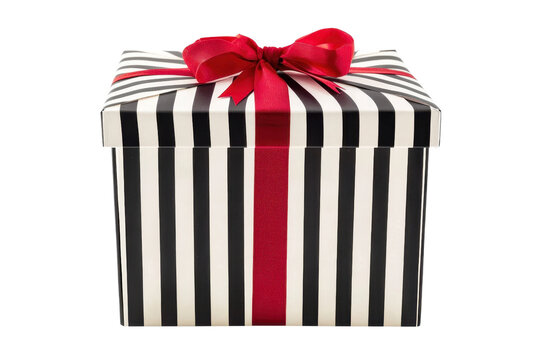 A striped gift box adorned with a vibrant red ribbon and bow, symbolizing celebration and surprise. - Powered by Adobe