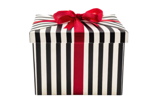 A striped gift box adorned with a vibrant red ribbon and bow, symbolizing celebration and surprise. - Powered by Adobe