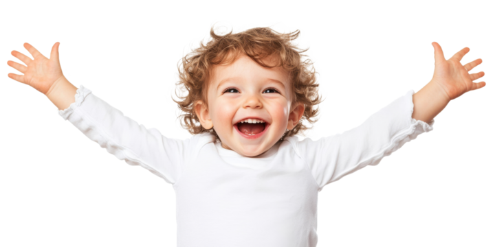Happy child with curly hair raising arms in joy, expressing excitement and innocence. This captures pure joy of childhood