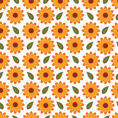 Seamless floral pattern with yellow flowers and green leaves on white background for fashion, textile, fabric, wallpaper and other prints. Flower vector pattern.