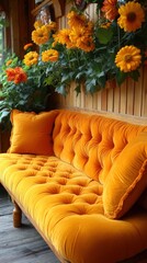 Orange velvet couch in wooden room with sunflowers.