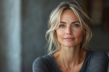 Fototapeta premium cropped portrait of a graceful middle-aged woman with healthy skin, gazing thoughtfully to the side against a smooth grey backdrop, capturing her natural beauty and poise