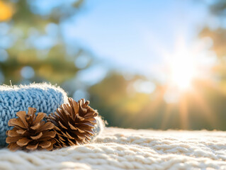 Cozy knitted blanket, pine cones, autumn sunlight.