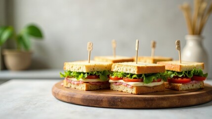 Artisan Bread Sandwiches with Fresh Vegetables and Creamy Spread on Wooden Platter