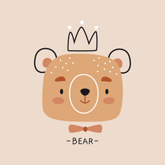 Bear head in a Scandinavian naive style. Print for printing or clothing.Scandinavian bear for t-shirt print, postcard, wallpaper and poster.