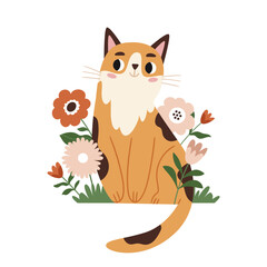 Cute red cat among flowers. Spring illustration. T shirt print, wall art, poster, postcard, banner design element.