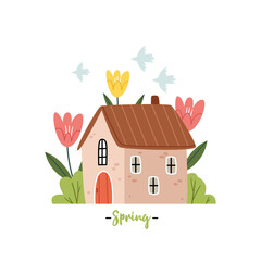 Cute spring house among tulip flowers. Spring card.Lovely, cartoon buildings illustrations in pastel gentle colors in a flat style.