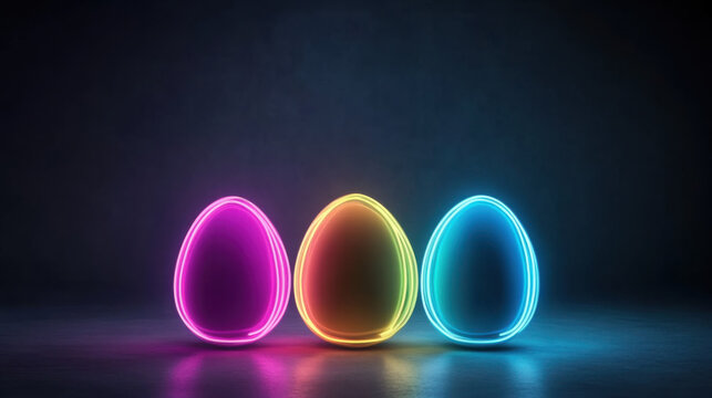 Custom decorated easter egg concept. Glowing neon eggs in pink, yellow, and blue on dark background